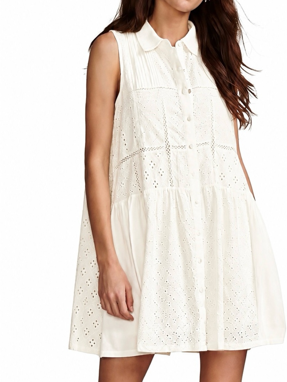 Lucky Brand White Eyelet Button-Front Collared Mini Dress